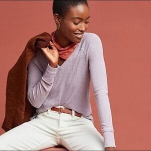 MAEVE Lilac “Pearson” Waffle Knit V-Neck Thermal